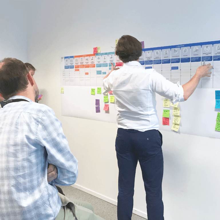 Foto van een workshop bij Studio Dott. Onze service designer Jürgen Tanghe geeft uitleg bij verschillende templates en charts die aan de muur hangen.